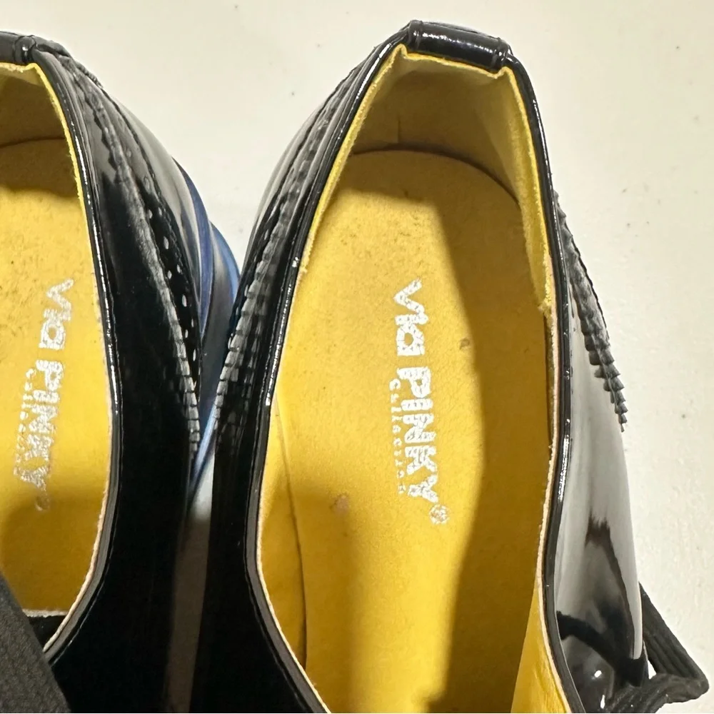 Via Pinky Black Patent Leather Platform Brogues Blue Sawtooth Sole size‎ 9,5